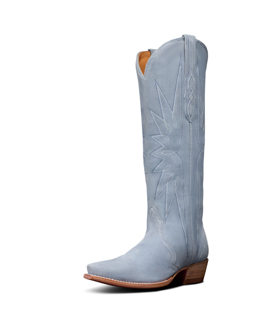 Quarterfront view of The Loretta - Chambray Suede on plain background