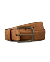 A brown suede leather belt with a brass buckle, coiled neatly against a plain white background.