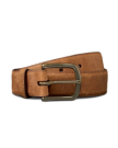 A brown suede leather belt with a brass buckle, coiled neatly against a plain white background.