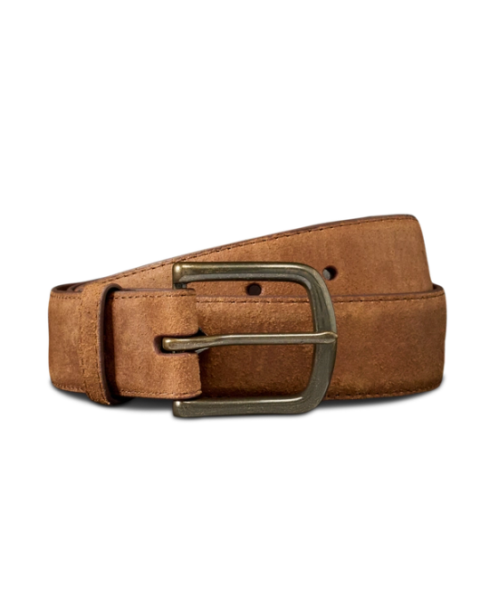 A brown suede leather belt with a brass buckle, coiled neatly against a plain white background.