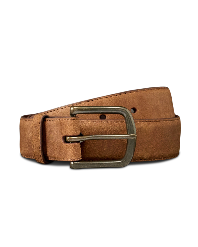 A brown suede leather belt with a brass buckle, coiled neatly against a plain white background.