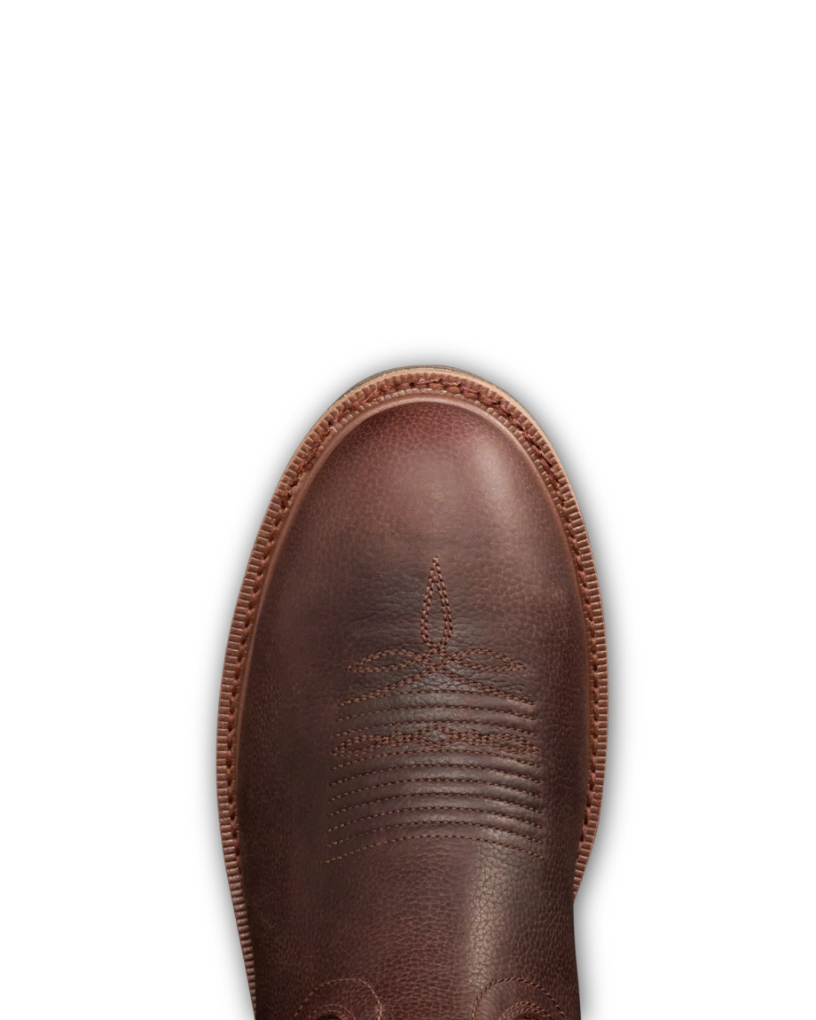 Toe view of The LH WP Round Comp Toe Work Boot - Tobacco Cowhide on plain background