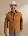 Front view of Men's Goat Suede Sawtooth Overshirt - Tan on model