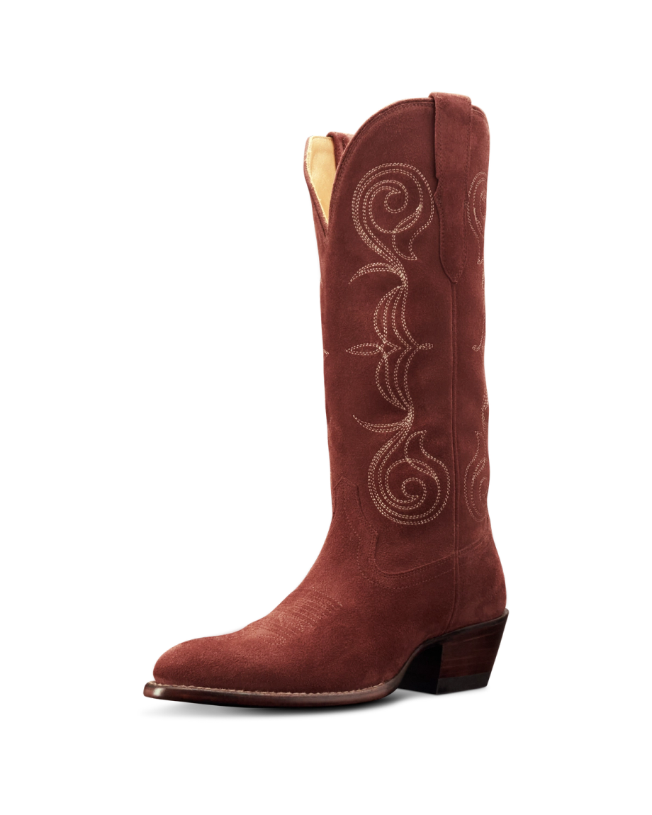 Quarterfront view of The Jane - Brick Suede on plain background