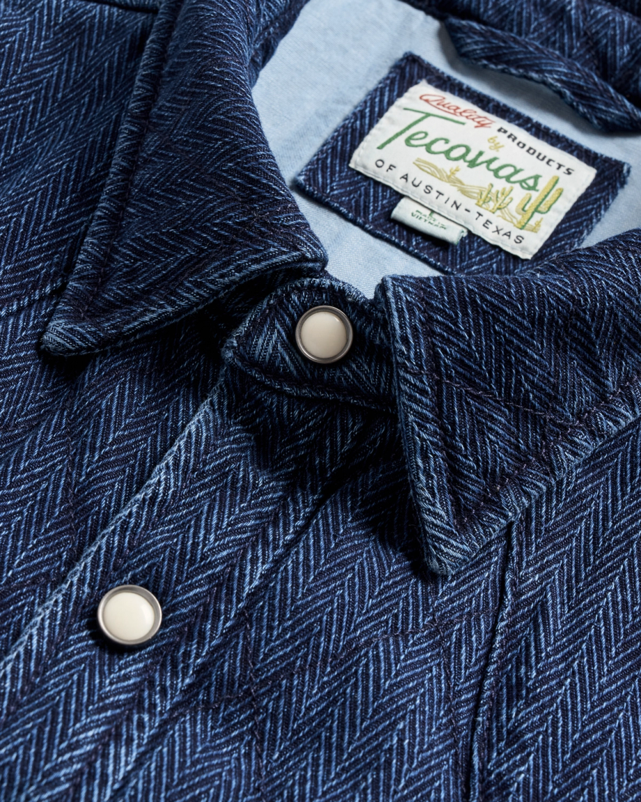 Closeup detail view of Men's Quilted Herringbone Shacket - Indigo