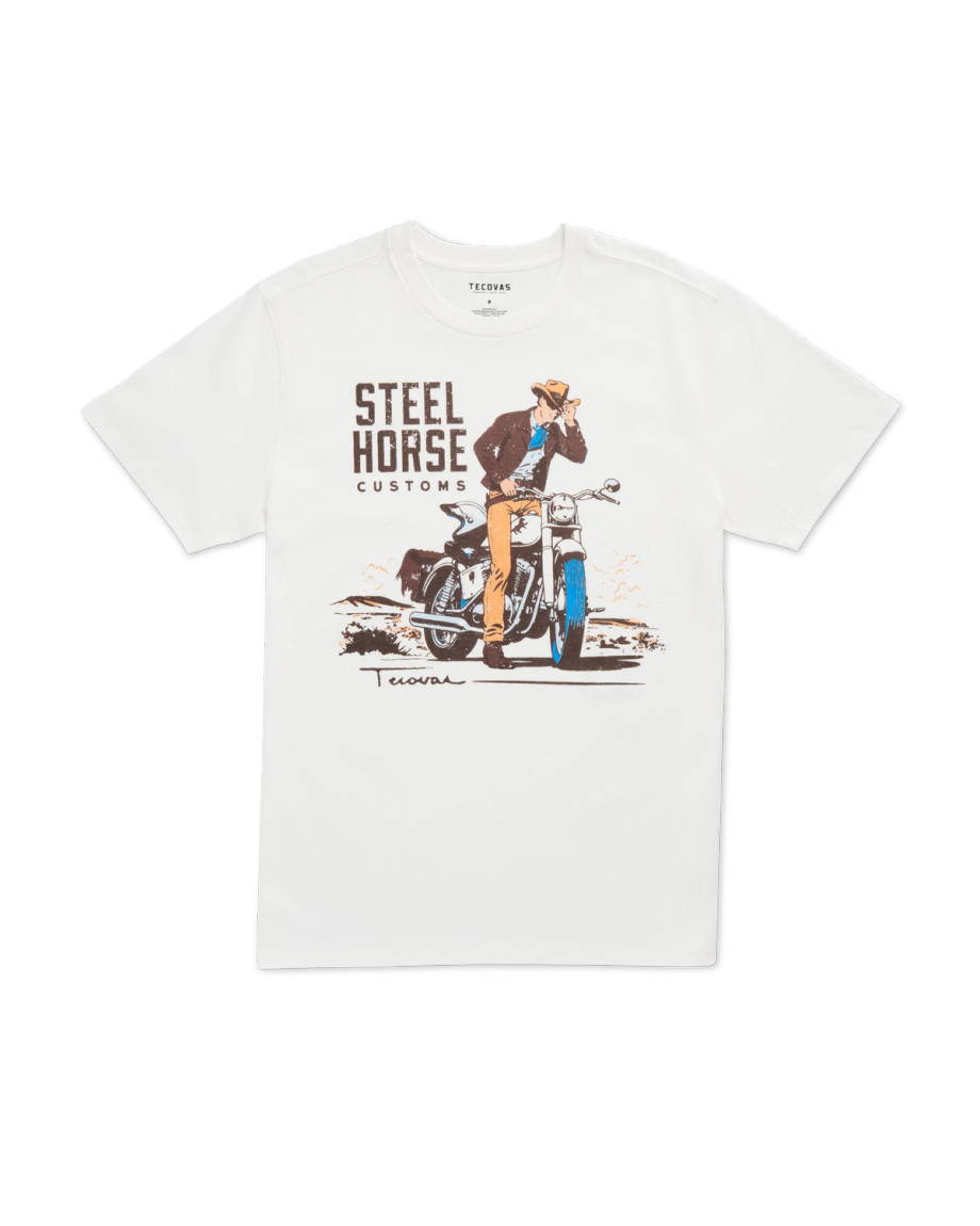 Front view of Men's Steel Horse Customs Tee SS - Bone / Multi on plain background