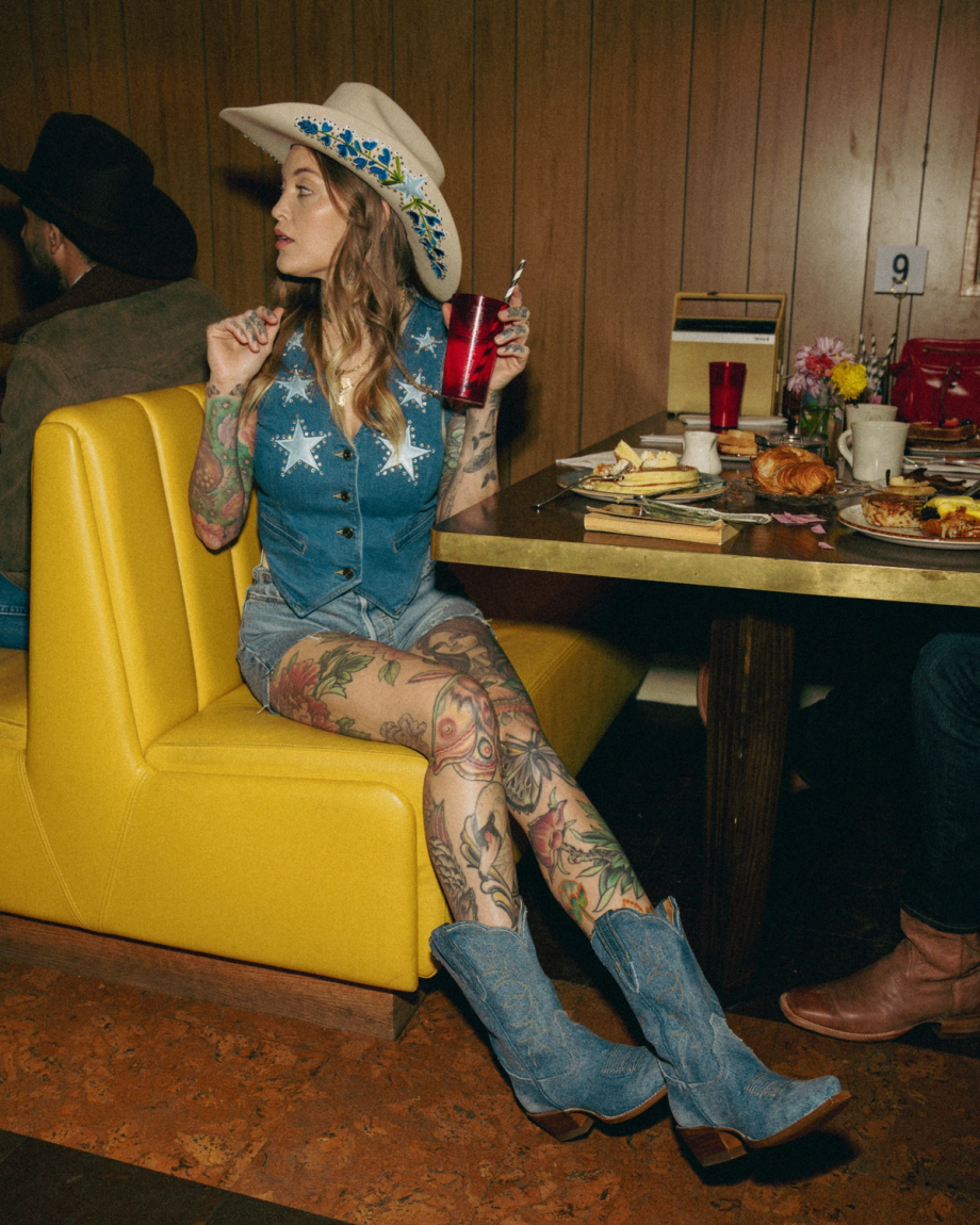 View of Tecovas x Cathy Han Women’s Custom Denim Vest - Medium Wash
