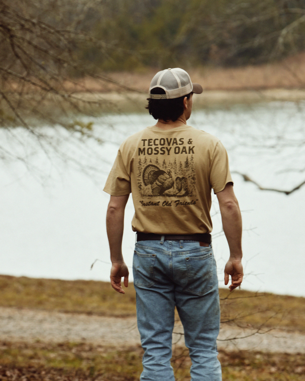 View of Men's Tecovas x Mossy Oak Turkey & Boots T-Shirt - Khaki/Olive