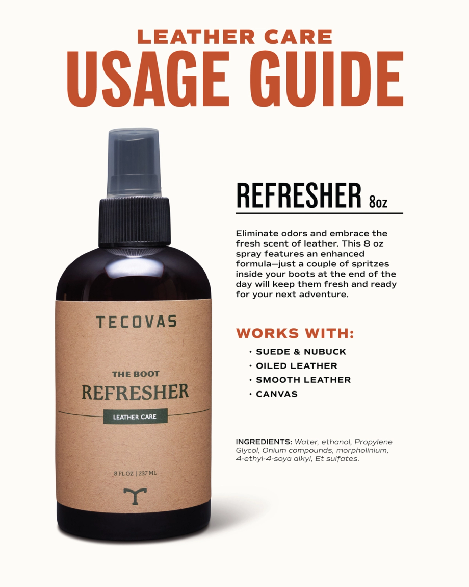 A brown 8 oz spray bottle labeled "Tecovas The Boot Refresher" sits in front of text explaining its use for refreshing suede, oily leather, and smooth leather. Ingredients are listed below.
