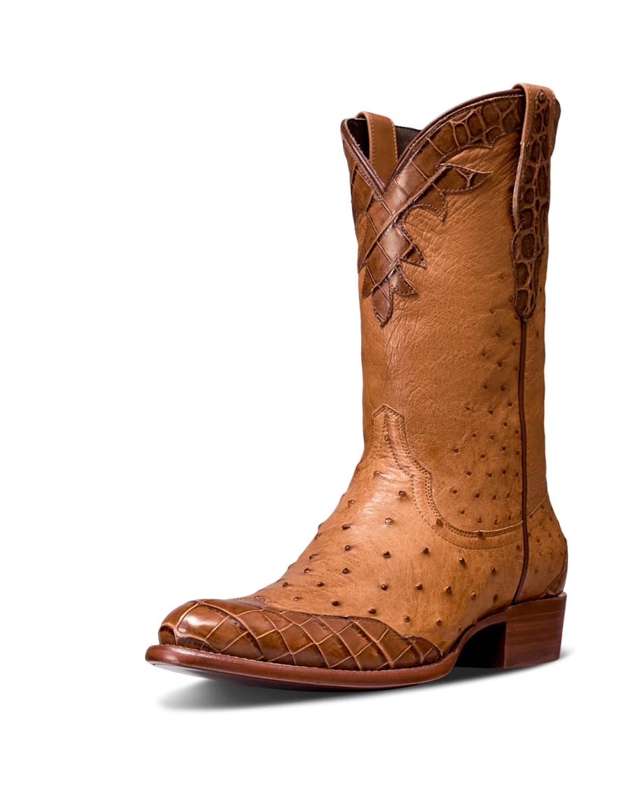Quarterfront view of Men's Birthday Boot XI - Canyon Ostrich/Nile Crocodile on plain background