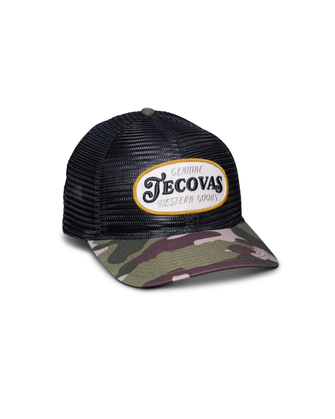 Quarterfront view of Genuine Tecovas Patch 6 Panel Mid Profile Hat - Black/Camo on plain background