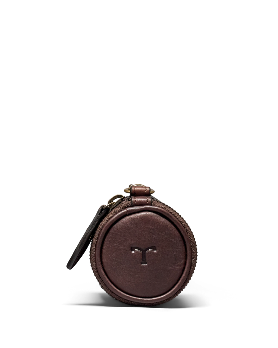 Front view of Leather Golfball & Tee Holder - Dark Chocolate on plain background