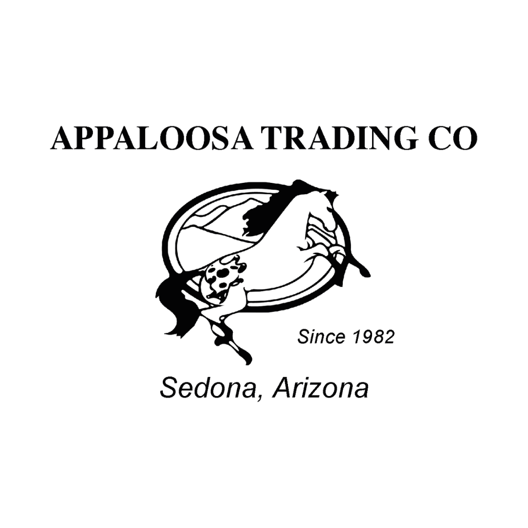 Logo for Appaloosa Trading Co featuring a running Appaloosa horse in front of a mountain landscape, with text "Since 1982" and "Sedona, Arizona.