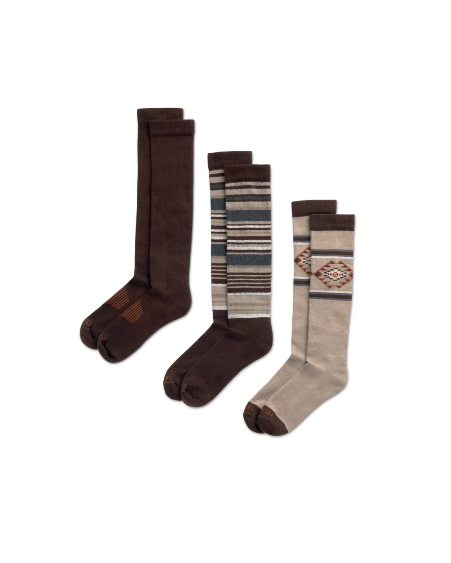 Quarterfront view of Over-The-Calf Socks (3-Pack) - Brown Multi on plain background