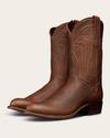 A pair of brown leather cowboy boots with decorative stitching and a low heel, displayed on a plain background.