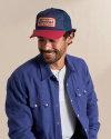 Profile view of Vintage Patch Five-Panel Low Profile Hat - Navy/Red on plain background