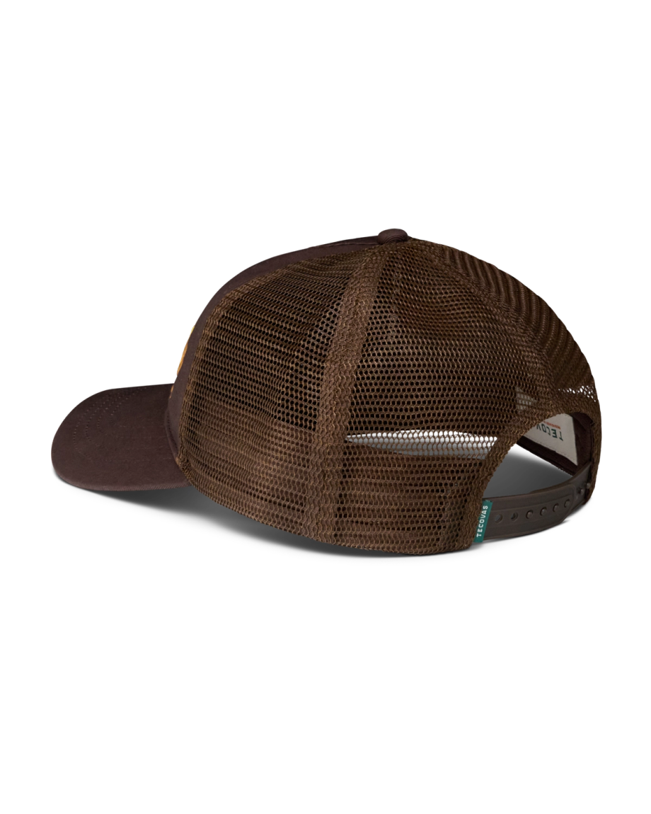 Quarterback view of Original Tecovas 5 Panel Low Pro Trucker - Dark Brown on plain background