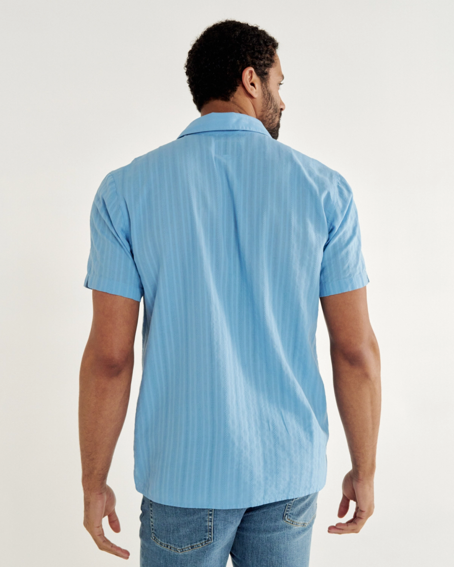 Closeup detail view of Men's Dobby Camp Short Sleeve Shirt - Light Blue