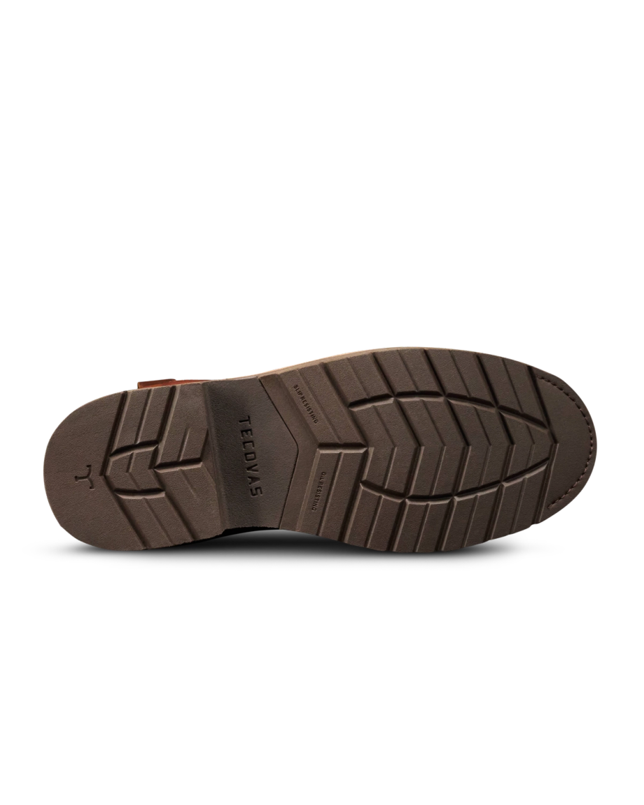 Toe view of The LH WP Round Comp Toe Work Boot - Saddle Cowhide on plain background