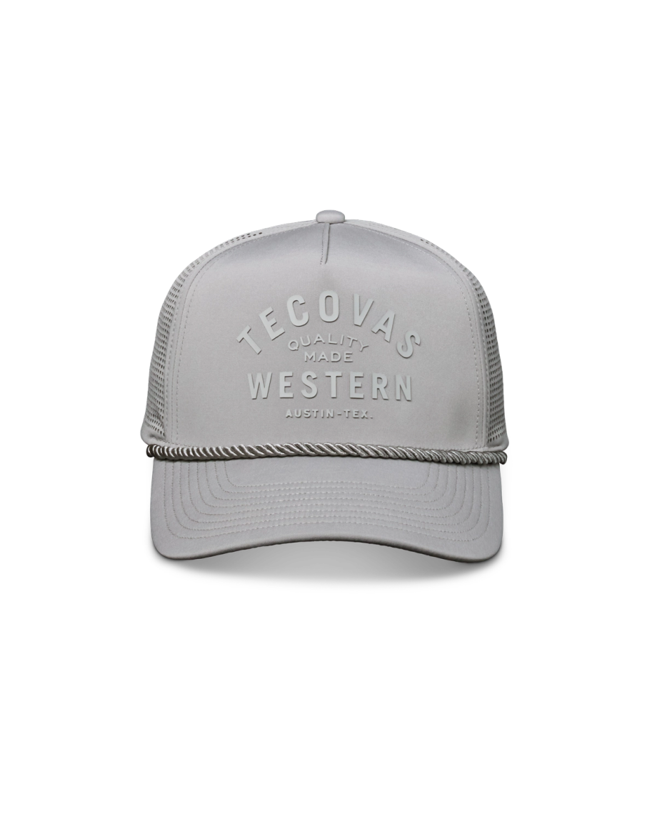 Front view of Quality Made Performance Trucker Hat - Gray on plain background