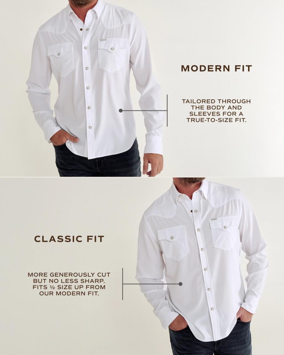 Two men wearing white shirts are shown. One shirt is labeled "Modern Fit," tailored closely. The other is labeled "Classic Fit," with a more generous cut.