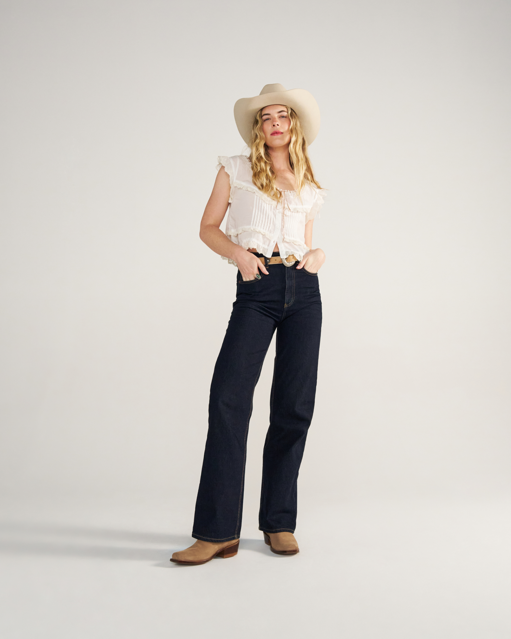 Full view of The Cheyenne - Desert Tan Suede on model