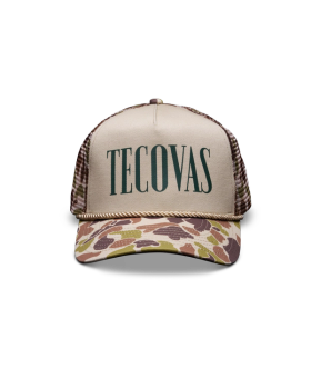 Front view of Badge Camo 5-Panel High Pro Trucker - Green Camo on plain background