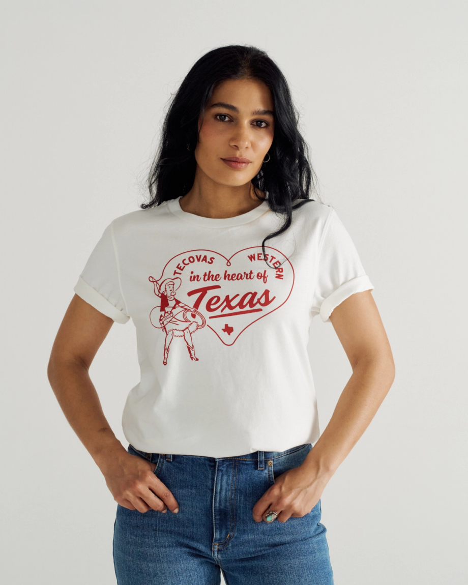 Front view of Women's Heart of Texas Tee - Bone on model