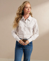 Front view of Women's Dolly Blouse - White on model