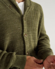 Closeup detail view of Men's Shawl Collar Cardigan Sweater - Olive