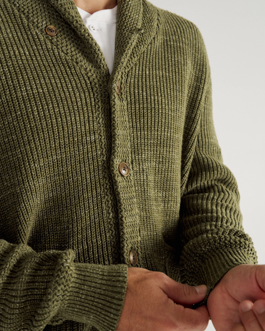 Closeup detail view of Men's Shawl Collar Cardigan Sweater - Olive