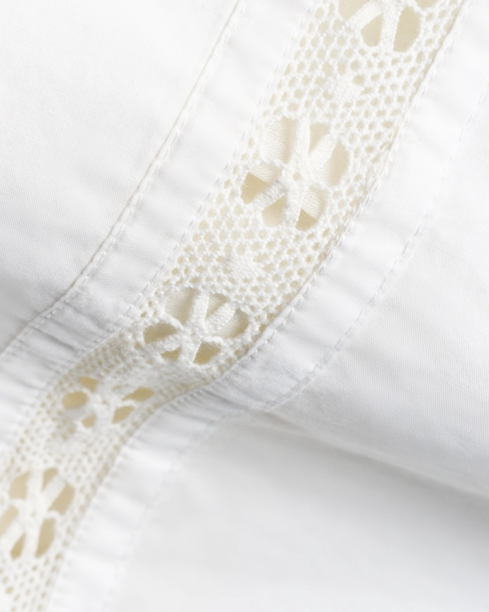 Close-up of a white fabric featuring an embroidered lace trim with floral patterns.