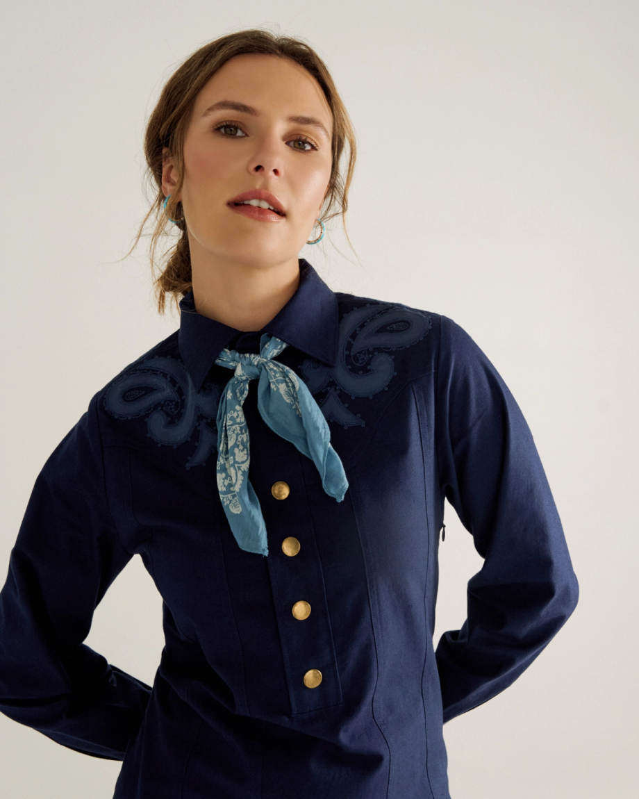 Front view of Women's L/S Applique Mini Dress - Twilight on model