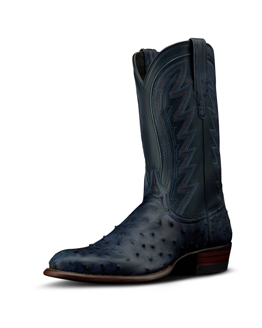 Quarterfront view of The Wyatt - Atlantic Blue Ostrich on plain background