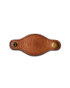 A brown leather keychain with a brass snap button and an eyelet on a black background.