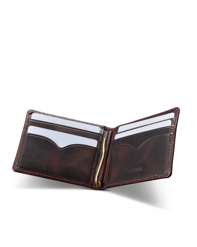 Inside view of Men's Billfold Moneyclip - Chocolate on plain background