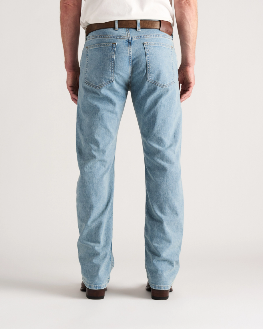 Back view of Men's Straight Stretch Denim - Light Stone Wash on model