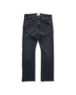 A pair of black denim jeans laid flat against a black background, featuring a classic five-pocket design and straight leg cut.