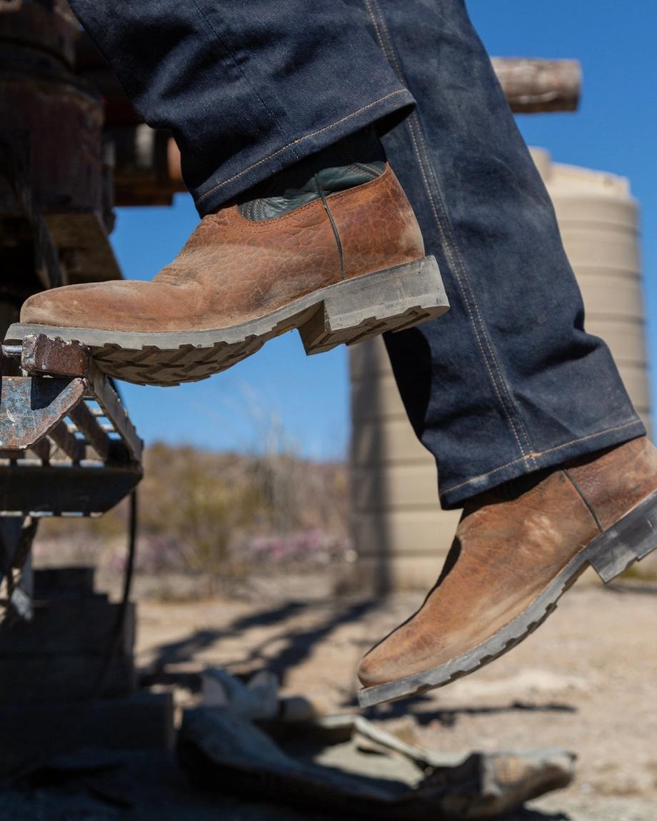 Man wearing The Midland Ochre boots