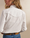 Back view of Women's Dolly Blouse - White on model