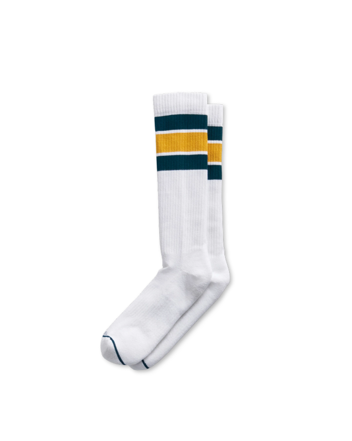 Quarterfront view of Mid Calf Performance Sock - White / Multi on plain background