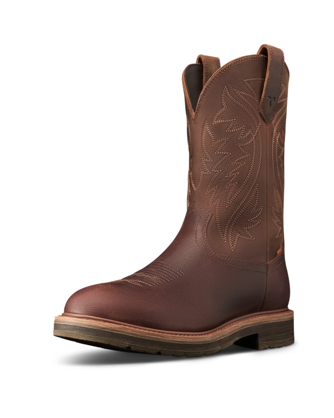 Quarterfront view of The LH WP Round Comp Toe Work Boot - Tobacco Cowhide on plain background