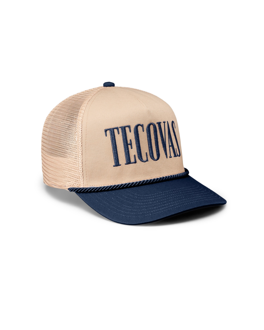 Quarterfront view of Tecovas Badge Trucker - Navy on plain background
