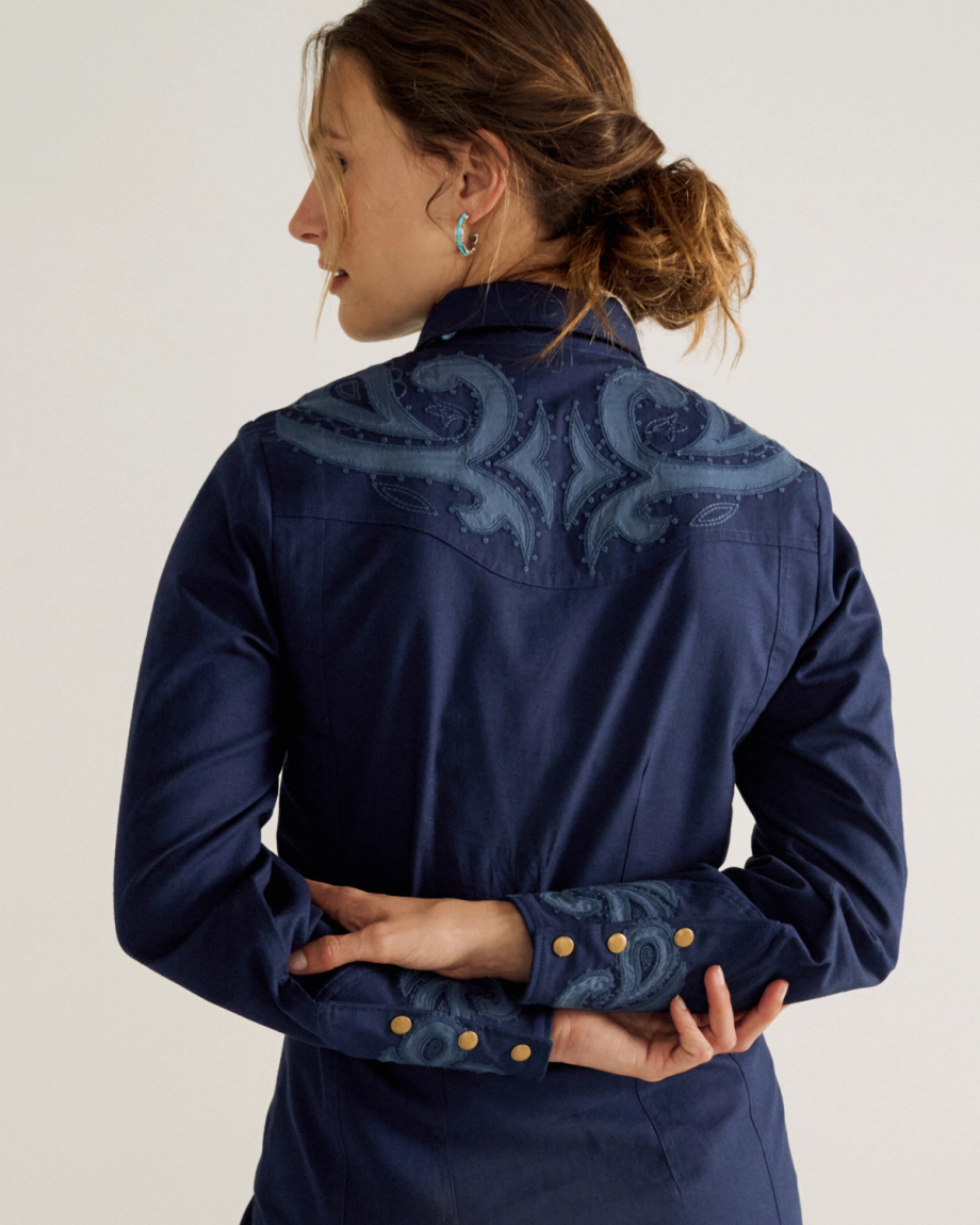 Back view of Women's L/S Applique Mini Dress - Twilight on model