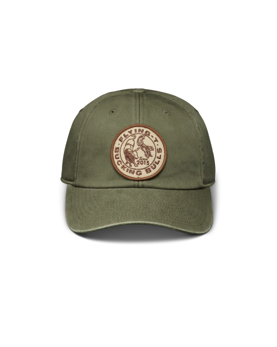 Front view of Flying T Bulls 6 Panel Dad Hat - Olive on plain background