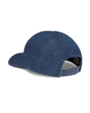 A blue denim baseball cap shown from the back, featuring an adjustable snapback closure and ventilation eyelets.