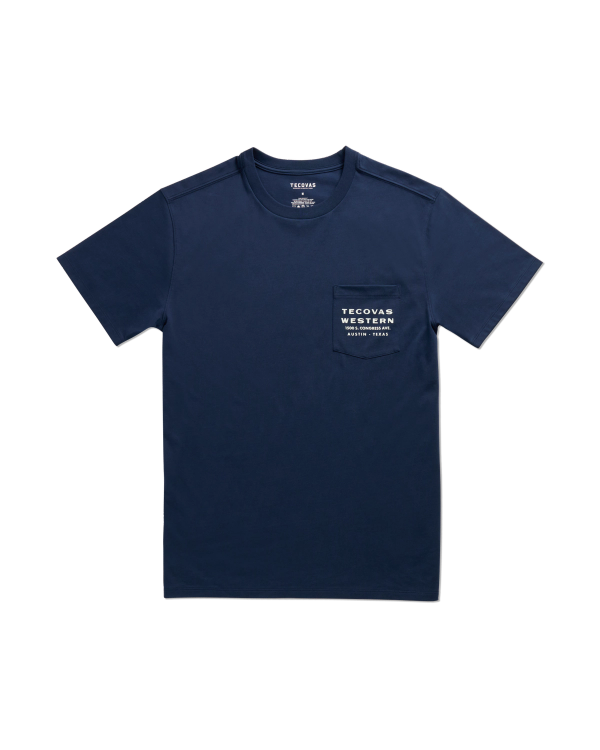 Closeup detail view of Men's Western Horseman Pocket Tee - Navy / White