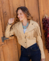 Closeup detail view of Women's Western Leather Fringe Jacket - Lt Tan