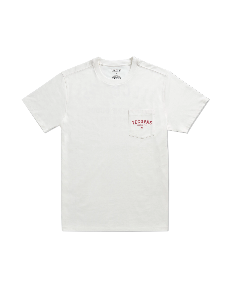 Closeup detail view of Men's Fine Makers Pocket Tee - Bone / Red