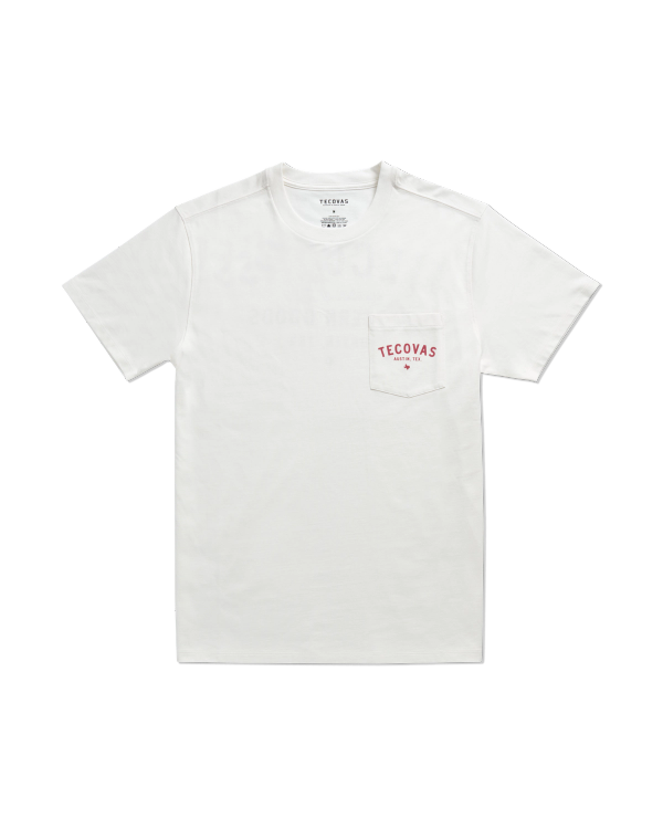 Closeup detail view of Men's Fine Makers Pocket Tee - Bone / Red